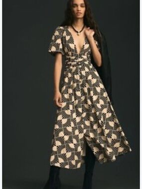 Anthropologie Black & Cream Geometric V-Neck Midi Dress